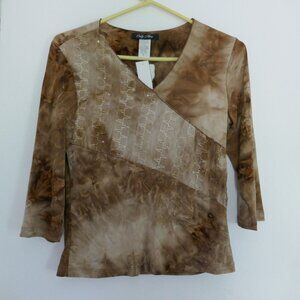 brown tie-dye v-neck faux wrap long sleeve shirt size S